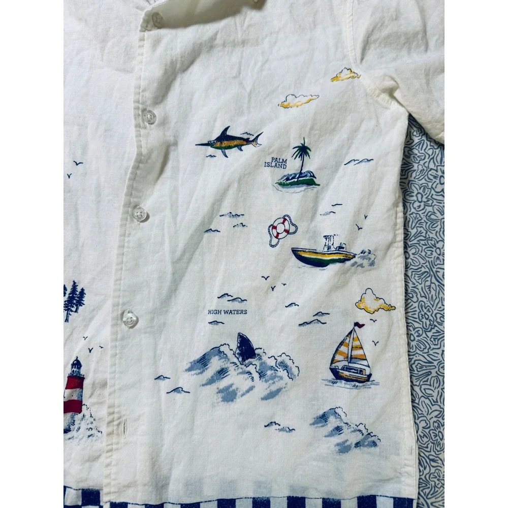 Old Navy Size XL Boy Printed Short-Sleeve Linen-Blend Buttom Up Shirt Travel